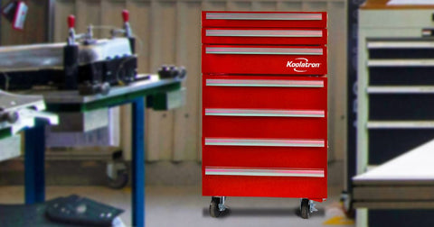 Photo of red tool chest fridge set up in a workshop