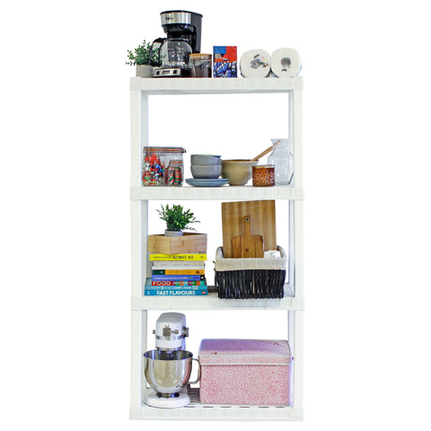 A product shot of a white storage shelf with kitchen and cooking related items on the shelves.