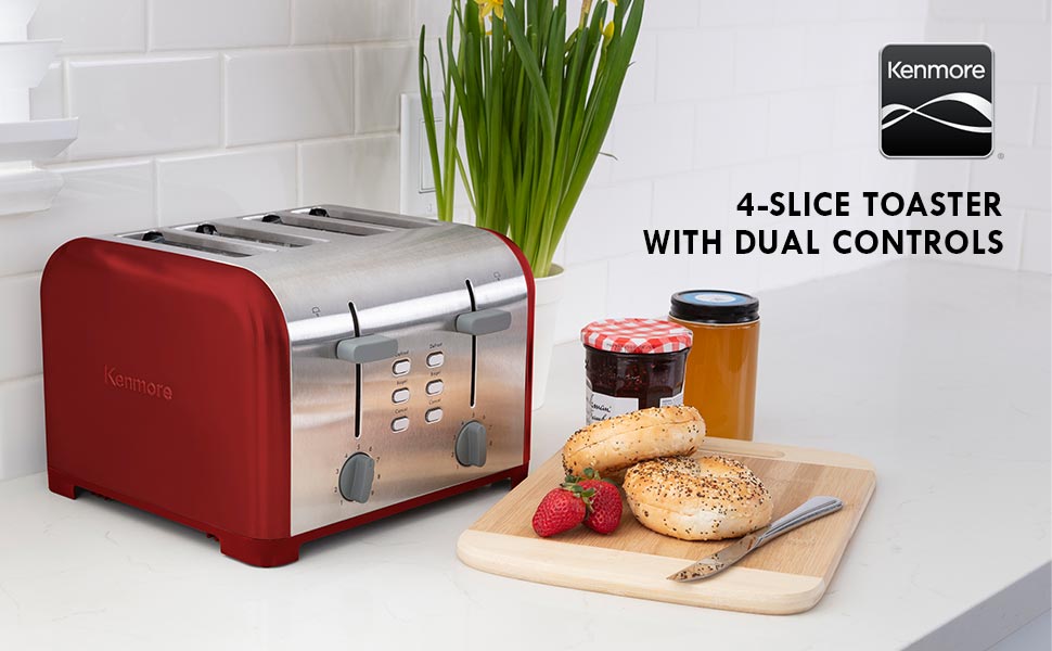 Kenmore 4-Slice Toaster, Red Stainless Steel, Dual Controls