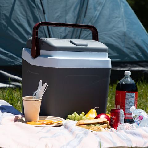 A grey cooler sits on a picnic blanket in front of a tent. Next to the cooler on the blanket are fruits, a sandwich, utensils in a cup, soda, and some plastic water bottles.