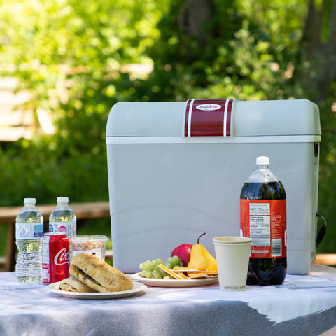 A cooler sits on a picnic table with a grey tablecloth. In the background is blurred out greenery. Next to the cooler and on the table are water bottles, a pop can, a pop bottle, stacked cups, a sandwich, some granola, grapes, an apple, and a pear.