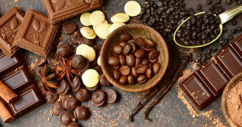 Photo of a variety of chocolate types - cocoa powder, dark and mild chocolate squares, dark and white chocolate disks, and chocolate chips, plus coffee beans, vanilla beans, star anise, and cinnamon sticks