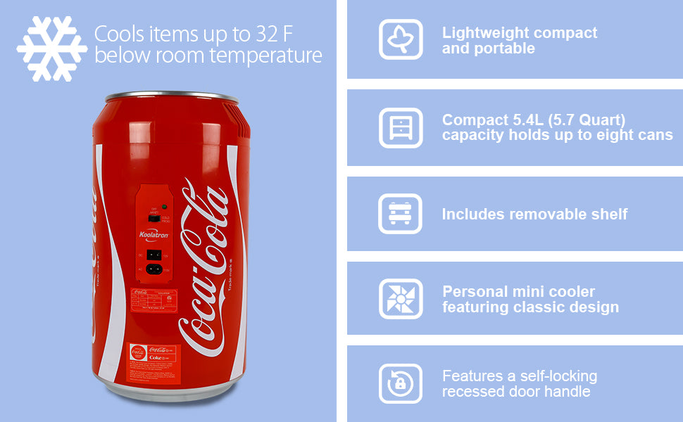 Coca-Cola 8 Can Portable Mini Fridge w/ 12V DC and 110V AC Cords, 5.4L (5.7 qt),1