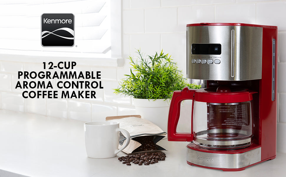 Kenmore Aroma Control 12-Cup Programmable Coffee Maker, Red and Stainless Steel Drip Coffee Machine