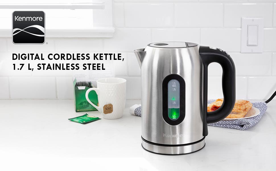 Kenmore Digital Cordless Electric Kettle 1.7L, Stainless Steel Teakettle with Adjustable Temperature