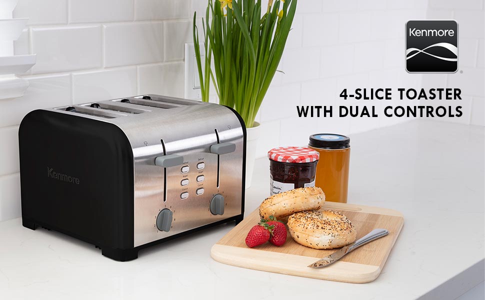 Kenmore 4-Slice Toaster, Black Stainless Steel, Dual Controls