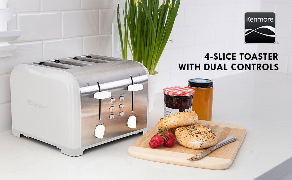 Kenmore 4-Slice Toaster, White Stainless Steel, Dual Controls