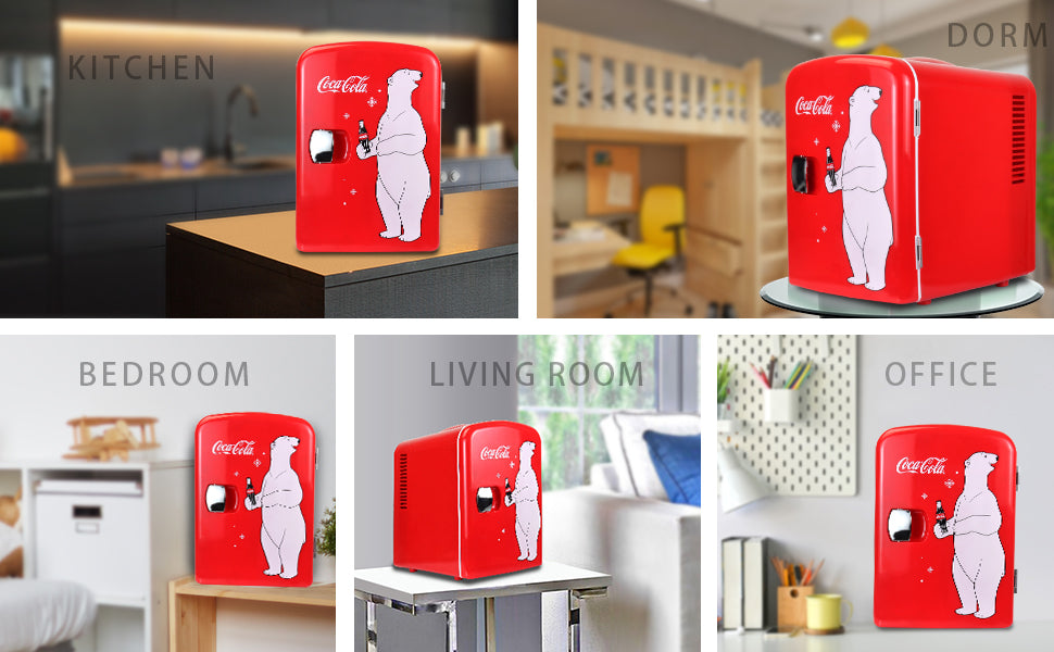 Coca-Cola Polar Bear 4L Cooler/Warmer w/ 12V DC and 110V AC Cords, 6 Can Portable Mini Fridge