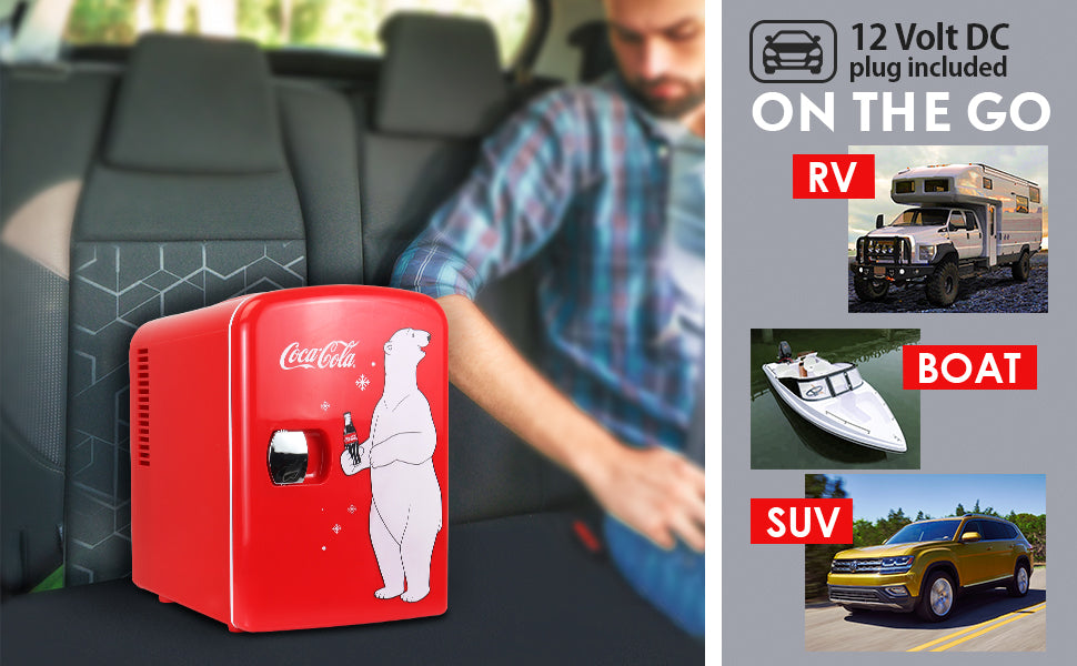 Coca-Cola Polar Bear 4L Cooler/Warmer w/ 12V DC and 110V AC Cords, 6 Can Portable Mini Fridge