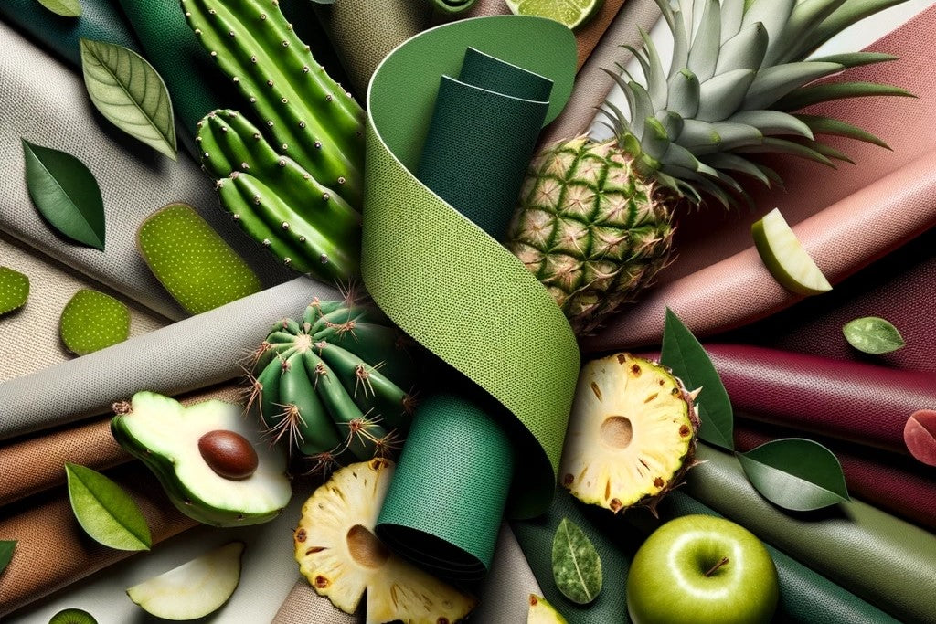 Plant based leather collage showing leather samples cactus pineapple and apples from which it can be made