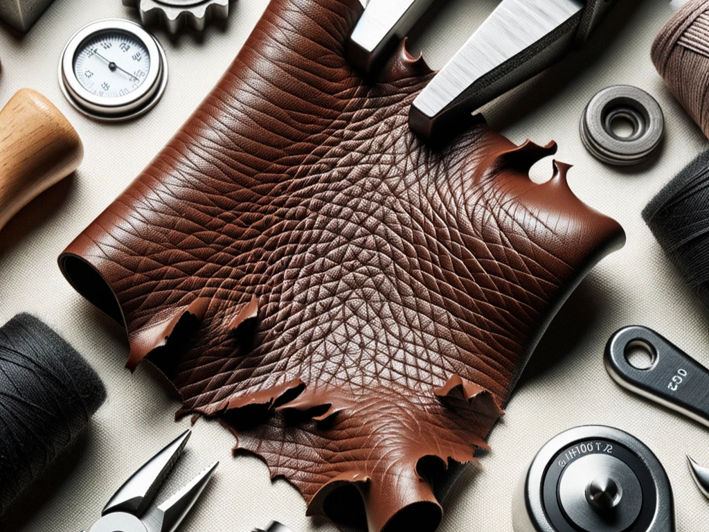 Brown vegan leather sample surrounded by tools