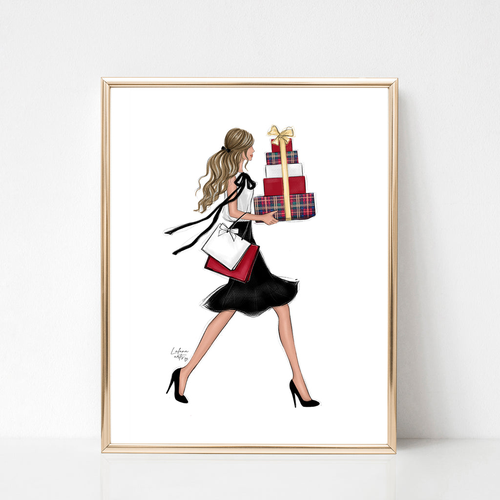 Christmas art fashion illustration of a sassy girl with gifts – Lalana Arts