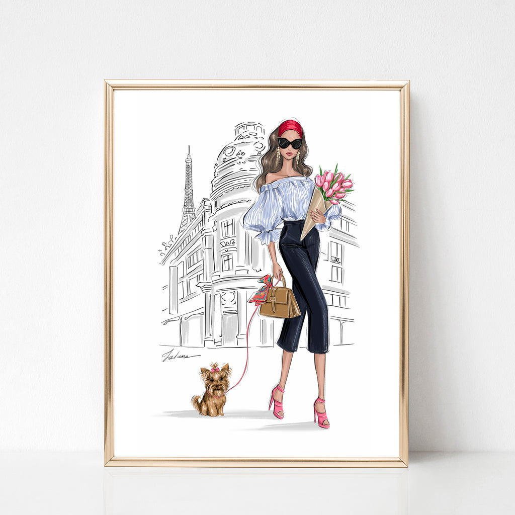 Girl in Paris with Yorkie and tulips art print fashion illustration ...