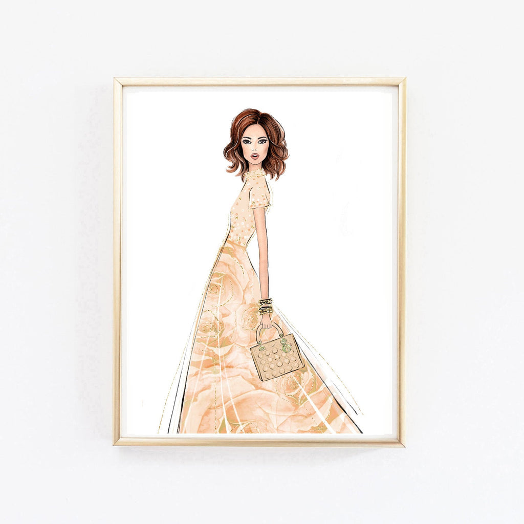 Girl in rose gown art print fashion illustration – Lalana Arts