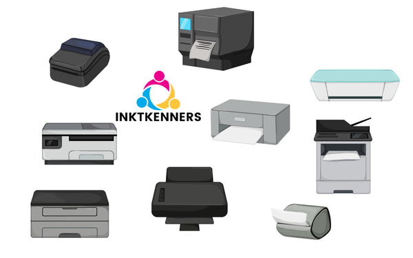 9 diverse printers op bureau: inkjet en laser, verschillende kleuren.