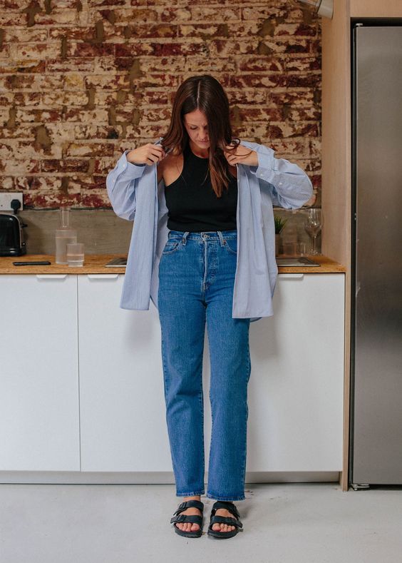 High Waisted jeans with button up shirt