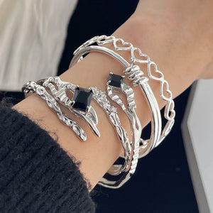 100% Solid 925 Sterling Silver Retro Bracelet for Women Men Vintage Handmade Black Stone Patern Bracelet Birthday Gift - Gems For Life.us