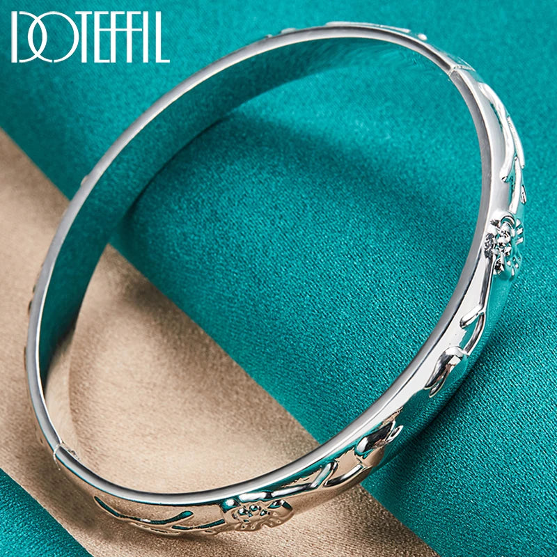 DOTEFFIL 925 Sterling Silver Flower Rose Cuff Bangle Bracelet For Women Wedding Engagement Jewelry Party Gift