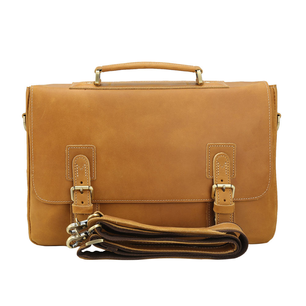 TuccisLeather Male Genuine Cow Leather Vintage Shoulder Laptop Briefcase Handbag 14 Inches Laptop Briefcase For Men