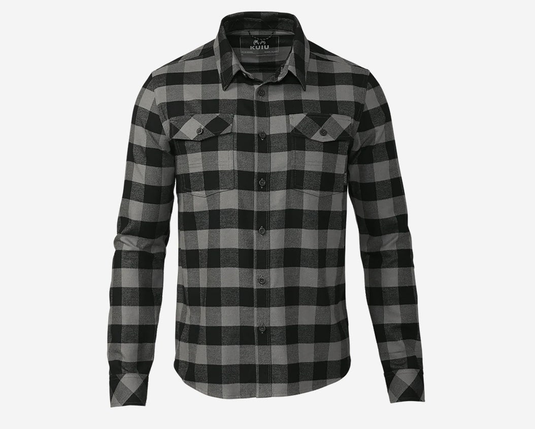 34. Black and Grey Buffalo Check Plaid Long Sleeve Button Down Collared Shirt