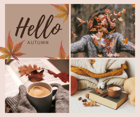 hello autumn woman throwing leaves mug of hot cocoa and a candle