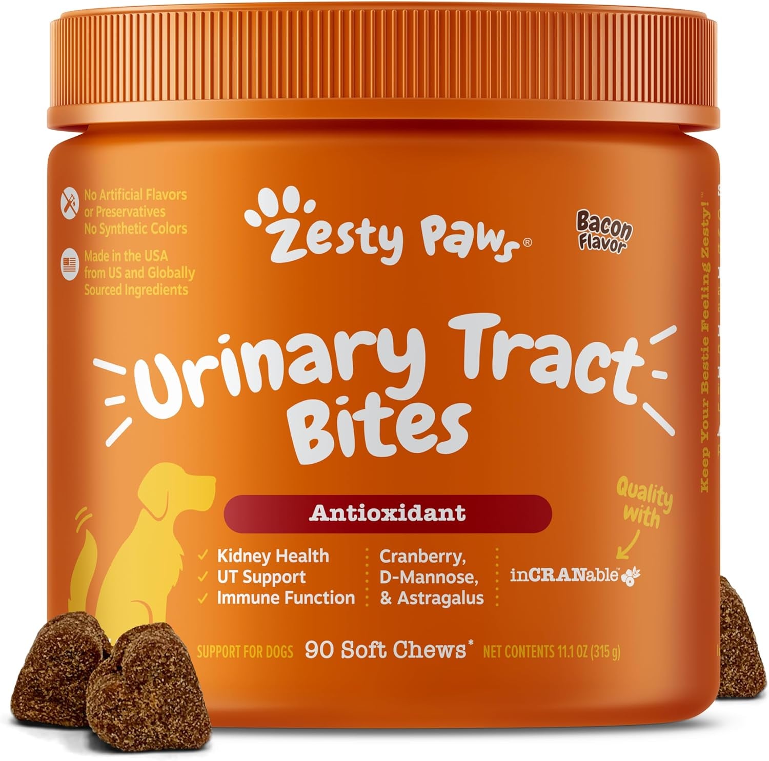 Zesty Paws Cranberry Bladder Bites for Dogs - Kidney & Urinary Tract Health - Soft Chews with D-Mannose, Vitamin B6 & L-Arginine - Immune & Gut Support - Bacon - 90 Count