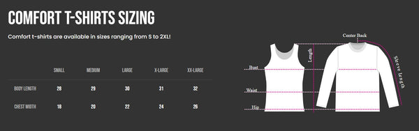 Sizing chart for comfort t-shirts