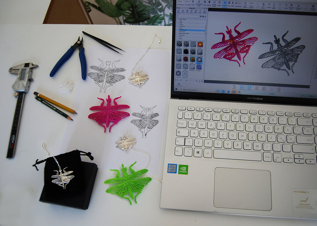 Orchid Praying Mantis pendant, some sketches and 3D printed prototypes