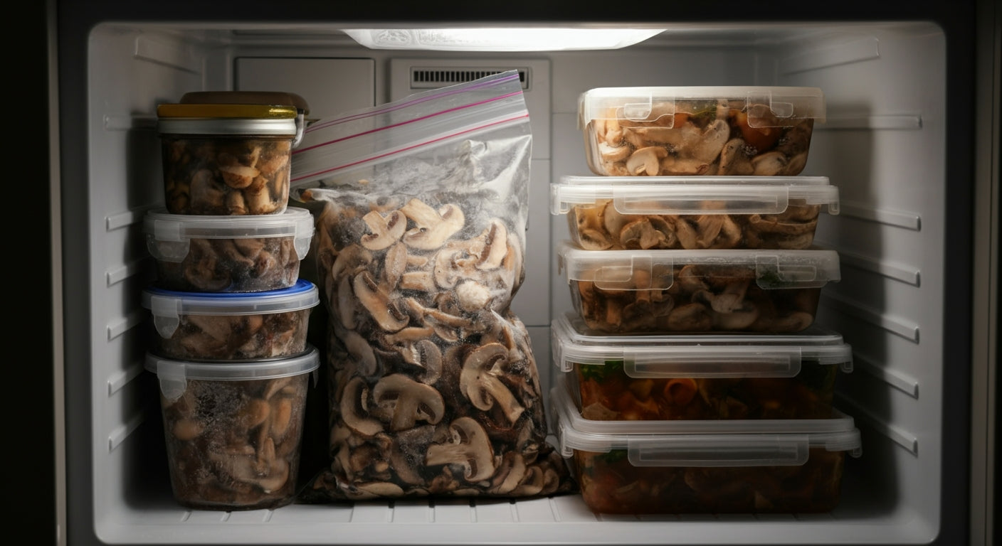 frozen mushrooms in freezer