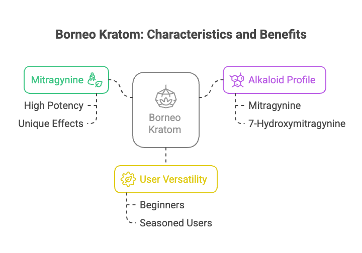 Chart explaining the characteristics of Borneo kratom, along with its benefits and effects.