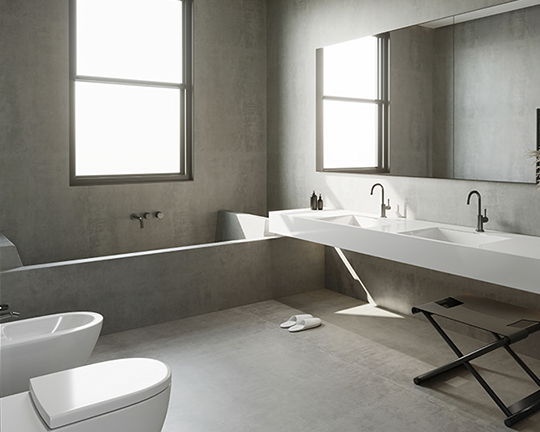 Hotel Bathroom, Italy microcment on floor, wall sink and tub basins. Japandi style