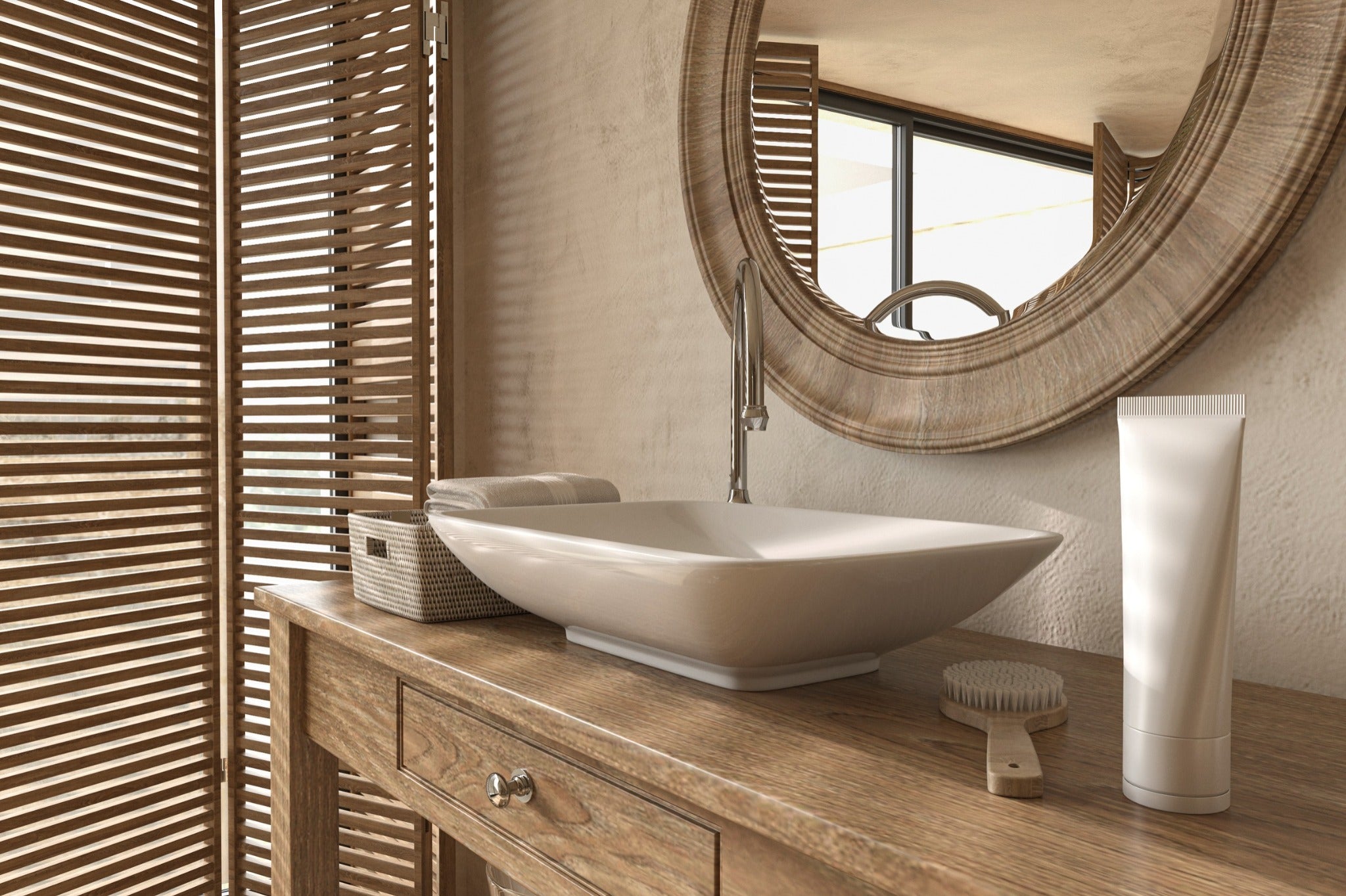 Decork in sand tone on bathroom wall