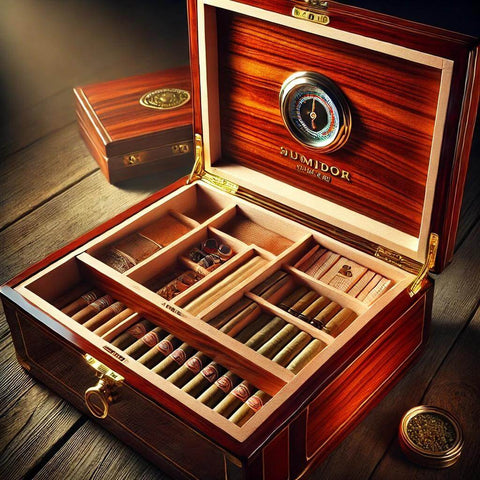 A luxurious wooden humidor with a glass top and compartments for storing cigars, complete with a built-in hygrometer.