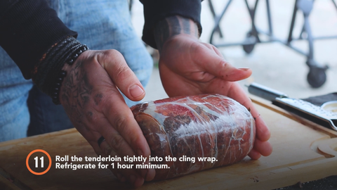 Step 11: Roll the tenderloin tightly into the cling wrap. Refrigerate for 1 hour minimum. 