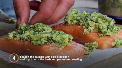 Step 4: Season the salmon with salt and pepper, and top it with the herb and parmesan breading.