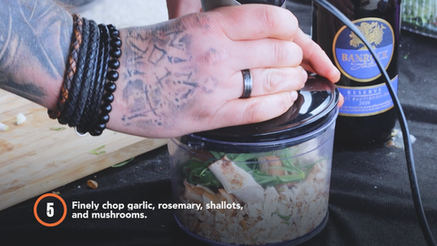 Step 5: Finely chop garlic, rosemary, shallots, and mushrooms.