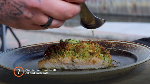 Step 7: Garnish with dill, oil, and rock salt.