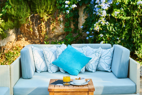 Monochromatic blue throw pillows for outdoor couch