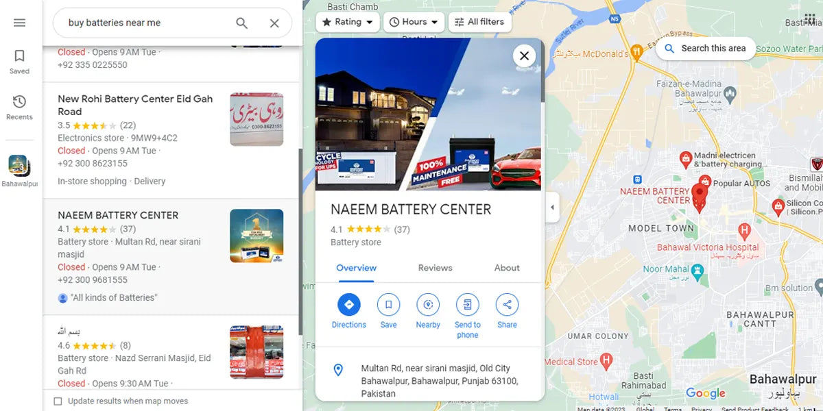 Explore the map to find nearby battery shops marked with pins