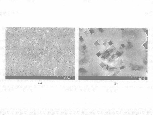 Figure 1 - SEM images of the copper surface polarized in LiClO4/PC solution [1000 times (a) and 10000 times (b)] The current density is 1.0mA/cm2