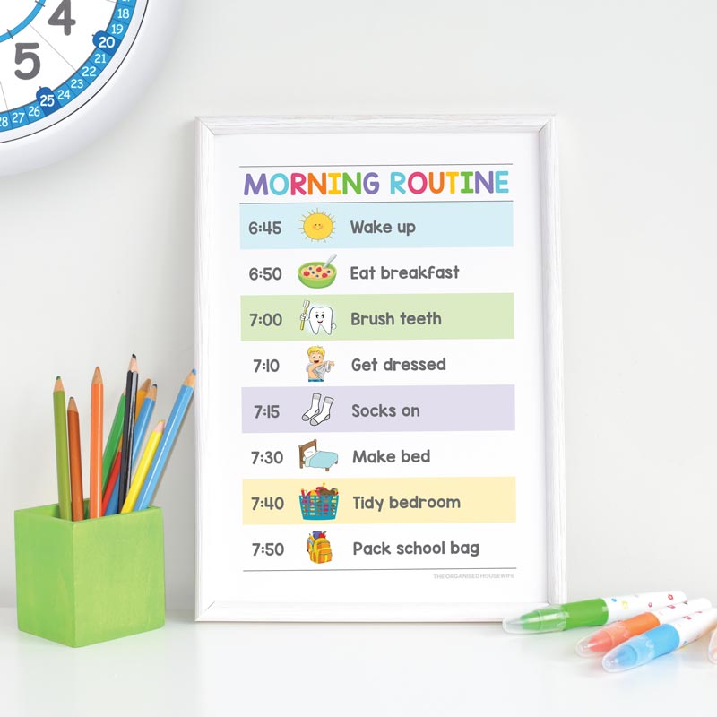 MORNING ROUTINE 6:U5S Wake up 650 @ Eat breakrast 7:00 izm Brush teeth 710 2@ Get dressed 745 Socks on 730 '3 Make bed 7:40 - Tidy bedroom 7:50 Pack school bag 