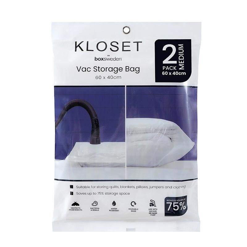 O KEOSET boxsweden Vac Storage Bag 60 x 40cm N i il , uitable for storing quits, blankets, pilows, jumpers and clotfing W Sovos up to 75% storage space 2 2 o 