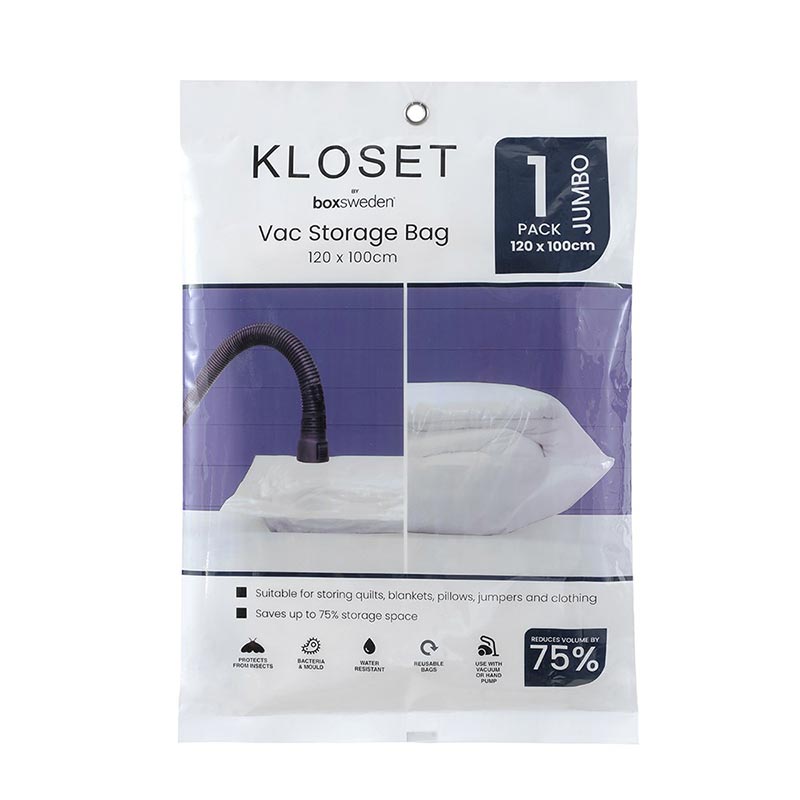 o KLOSET boxsweden Vac Storage Bag 120 x 100cm uitable for storing quits, biankets, pilows, jumpers and clothing W Saves up to 76% storage space w B8 o 