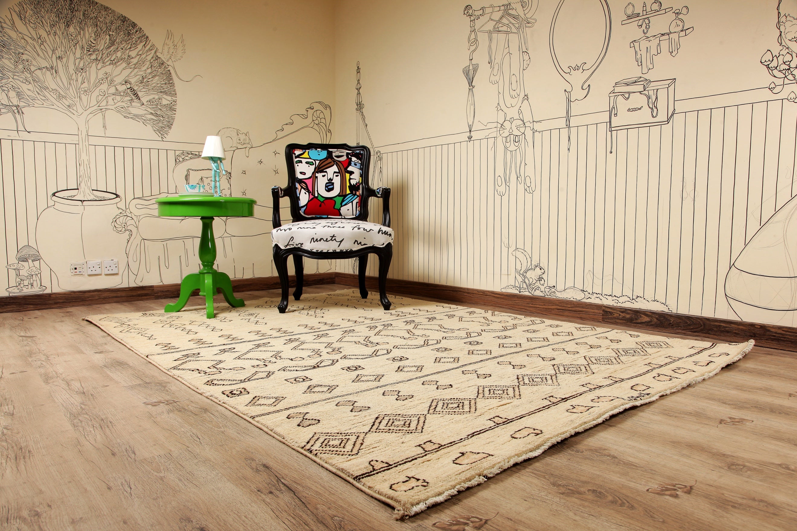 Pairing a patterned rug with bold wallpaper or murals makes a striking statement.