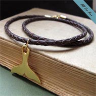 Gold Whale Tail Necklace for Men / Braided Brown Leather Cord