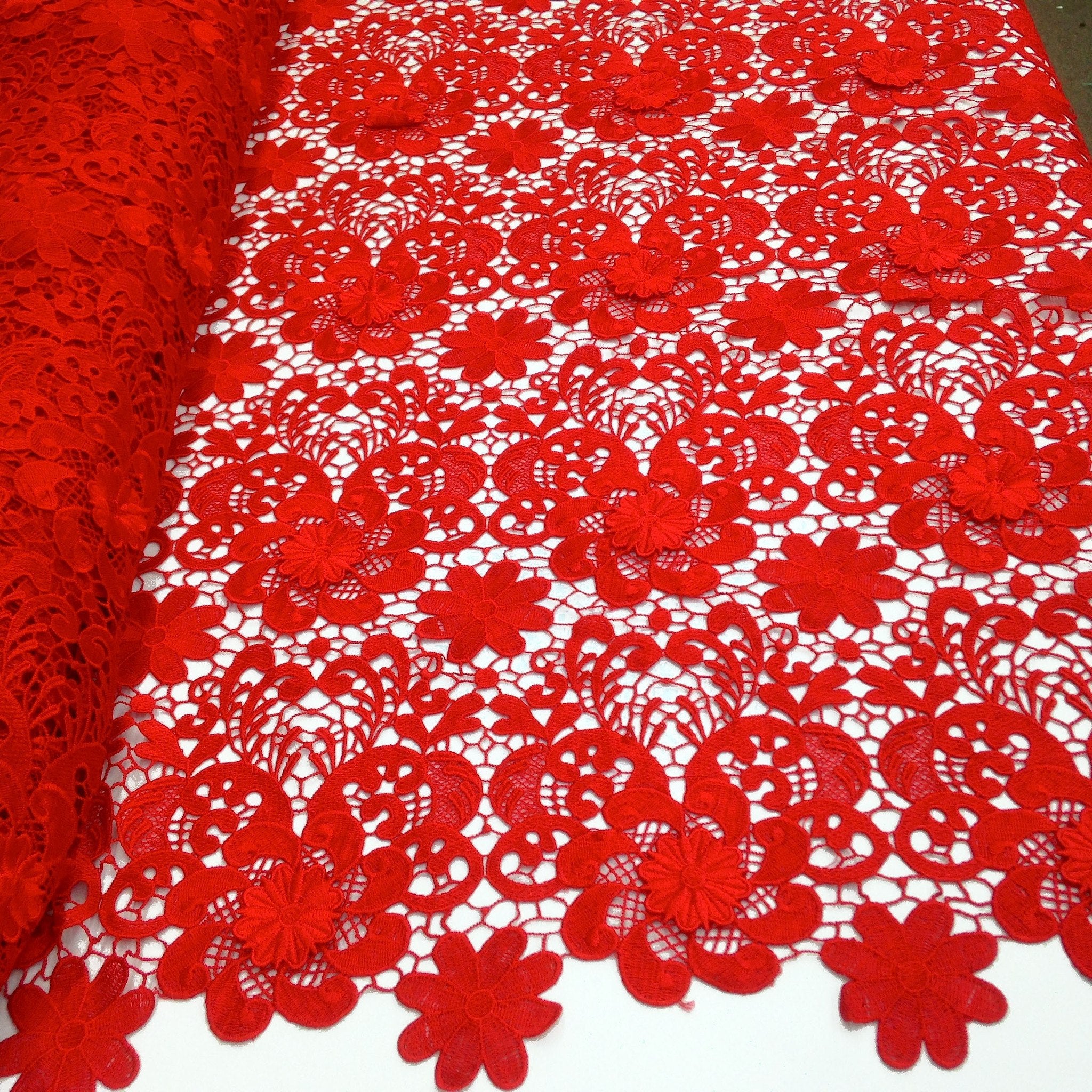 Red Lily Flower Guipure Fabric French Venice Lace - Fabric Wholesale Direct
