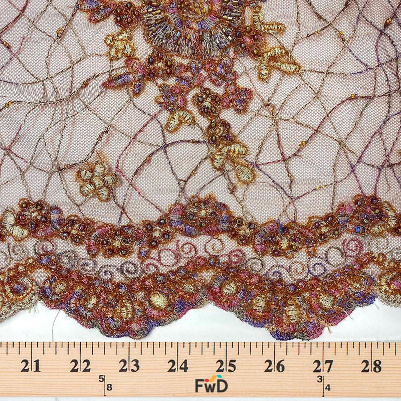 Brown Floral Native Beaded Embroidery on Mesh Fabric 52