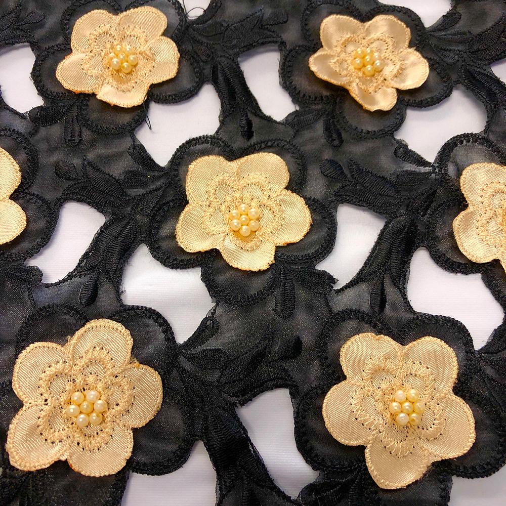 Gold Floral Embroidery On Black Organza Lace