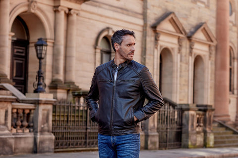 Man wearing the Tate Men's Black Leather Jacket