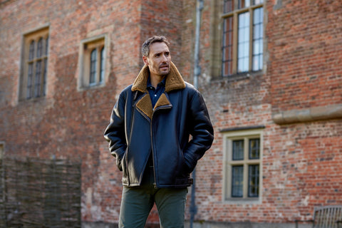 Man wearing the Men's Brown Rust Sheepskin Pilot Jacket